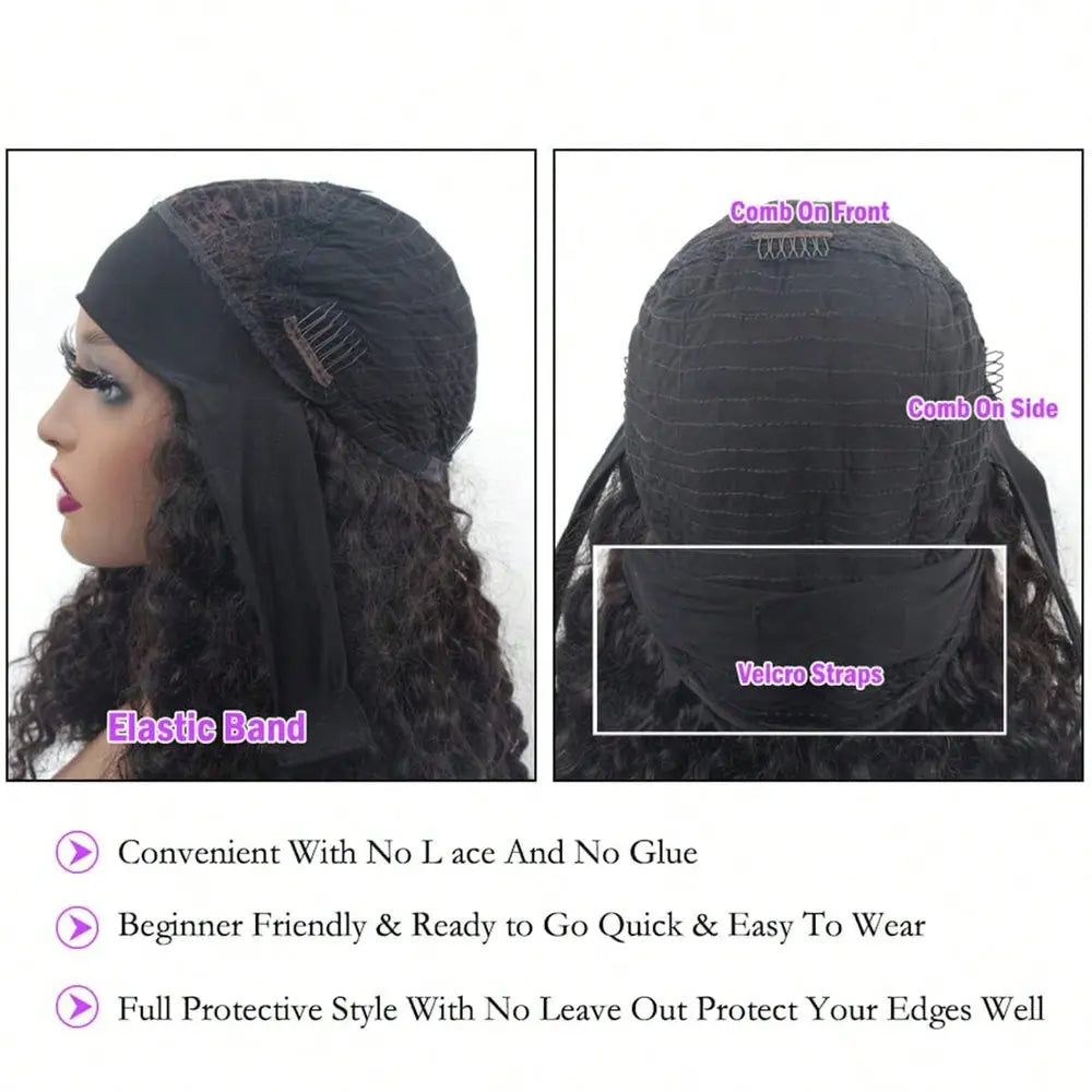 Water Wave 40 Inch Headband Wig Human Hair, Curly Glueless None Lace Front Wigs for Women, 250% Density Natural Looking Hair