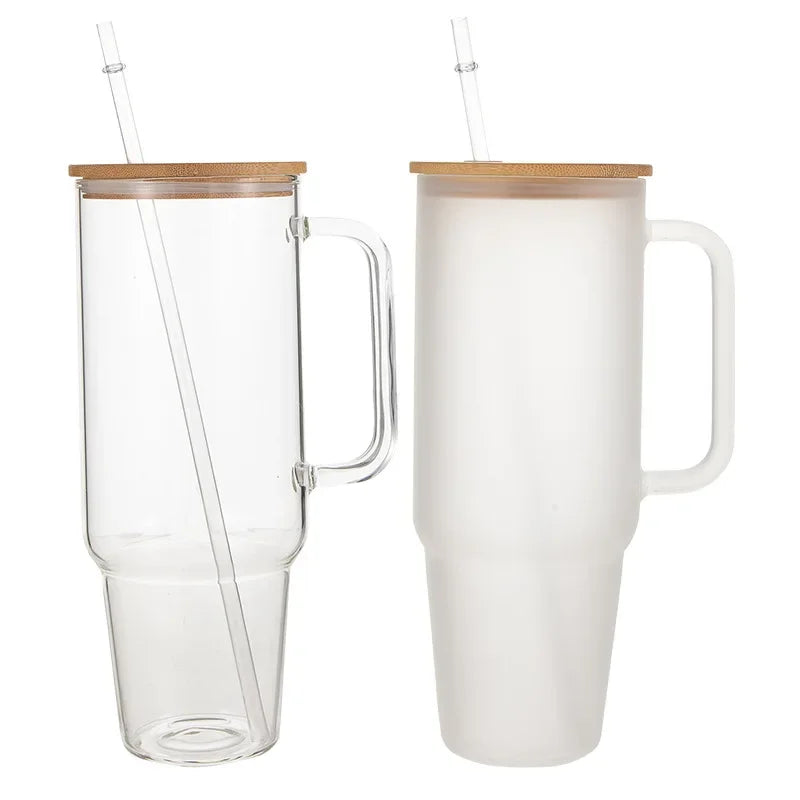40OZ Glass Cup with Handle and Straw Lid Coffee Cup Reusable Transparent Bubble Tea Cup Juice Glass Beer Can Milk Mocha Cups