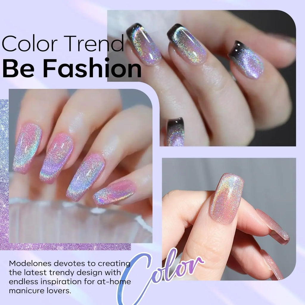 modelones Cat Eye Rainbow Gel Nail Polish Silver Glitter Holographic Glass 9D Cat Eye Gel Polish with Magnet Stick Soak Off U V