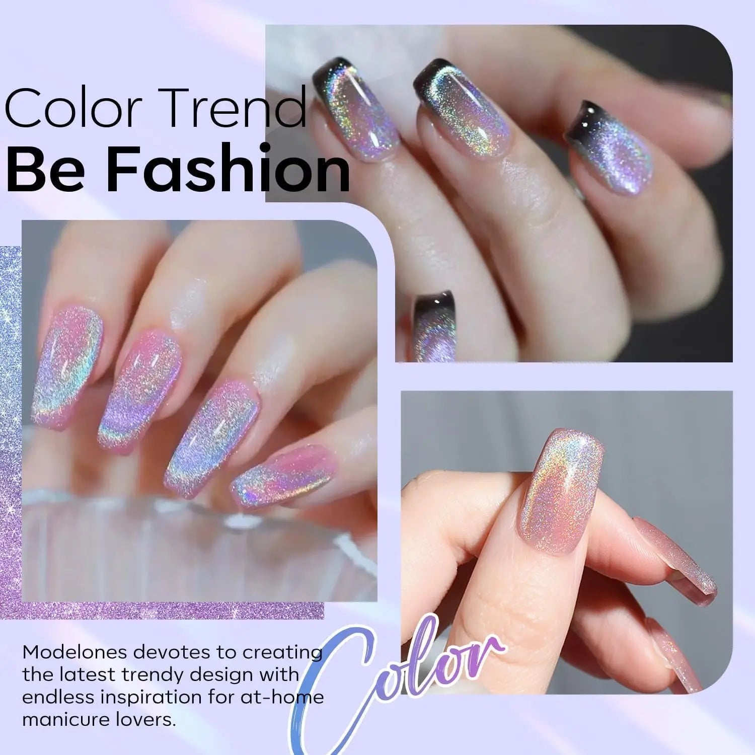 modelones Cat Eye Rainbow Gel Nail Polish Silver Glitter Holographic Glass 9D Cat Eye Gel Polish with Magnet Stick Soak Off U V