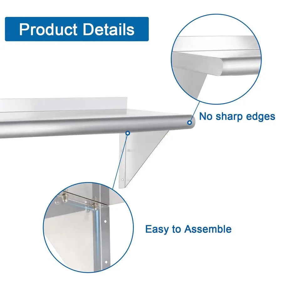 Stainless Steel Shelf 12 x 24, 210lb Commercial Shelves Wall Mount Metal Shelving with Backsplash and Brackets for Kitchen, Rest