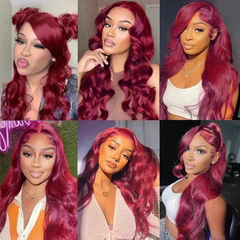 99j Burgundy 13x6 HD Lace Frontal Human Hair Wig 30 40 Inch Body Wave Lace Front Wigs 250 Density Red Colored Pre Plucked Wig