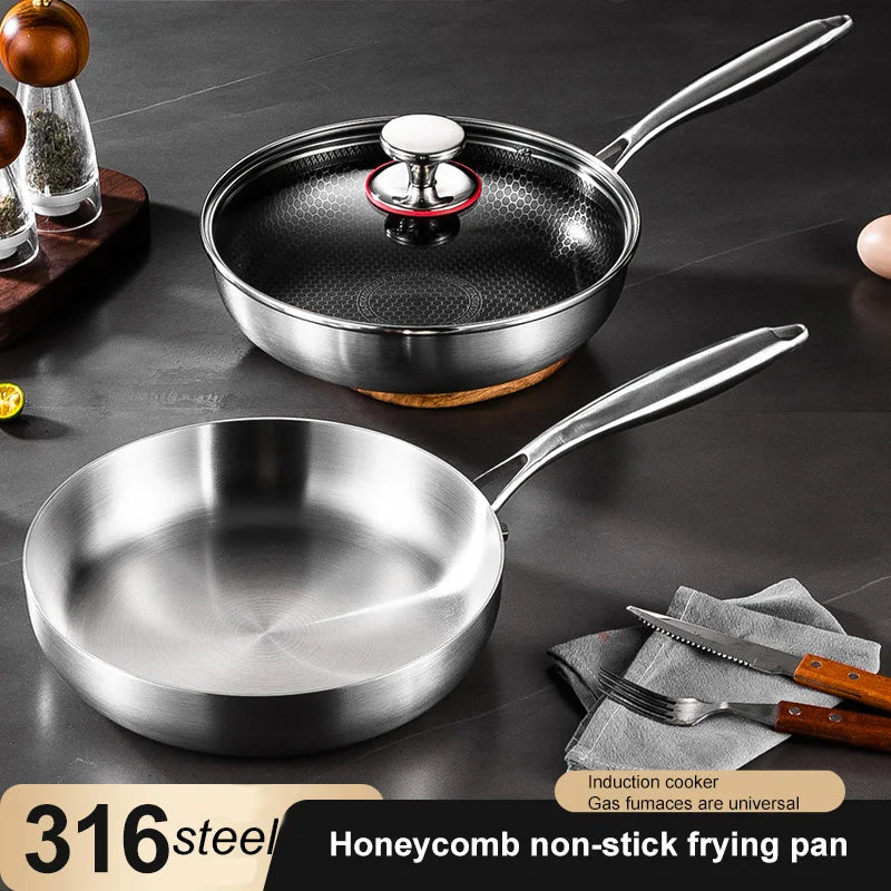 Frying Pan 316 Stainless Steel Uncoated Non-stick Pan Double-sided Honeycomb Pot Kitchen Cookware for Gas Stove Induction