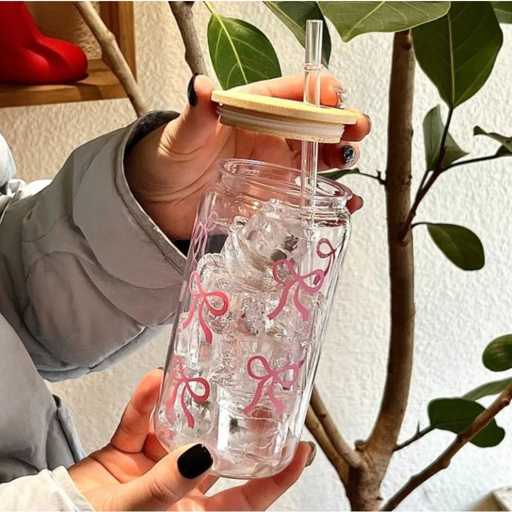 500ml Cute Bow Mason Jar Glass Tumbler with Lid and Straw for Iced Coffee Juice Party Gift Reusable Cup