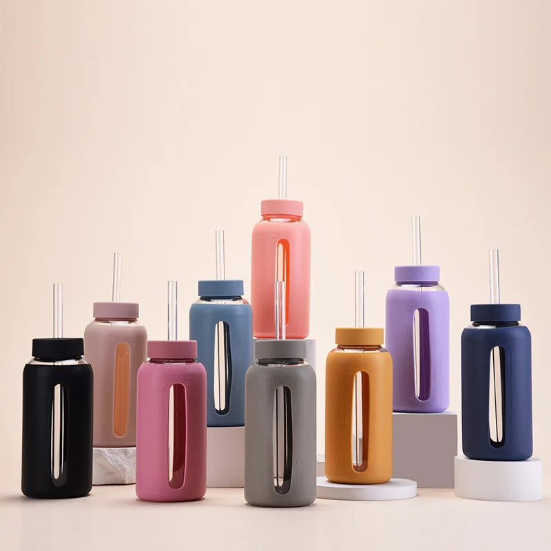 800ml Large Capacity Single-layer Glass Cup with Silicone Sleeve,Time Scale And Straw,Portable Drinkware,Outdoor Water Bottle
