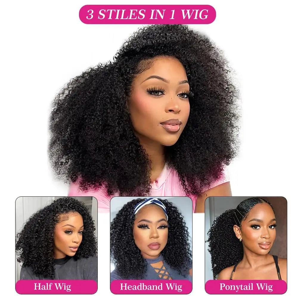 Half curly Wig with Adjustable Drawstring Wig Cap 26 28 inches Wig 200 Density Afro Kinky Curly Natural Black 3 In 1 Hair wigs