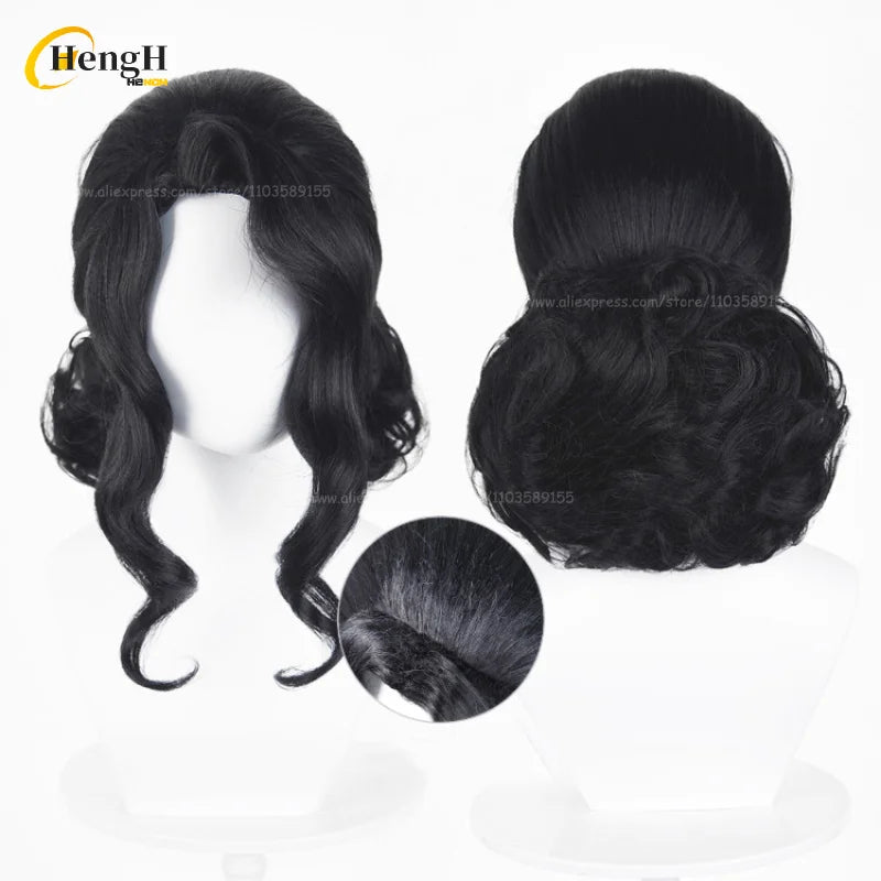 In Stock Anime Kibutsuji Muzan Female Short 38cm Black With Bun Cosplay Wig Heat Resistant Synthetic Hair Halloween Party Wigs