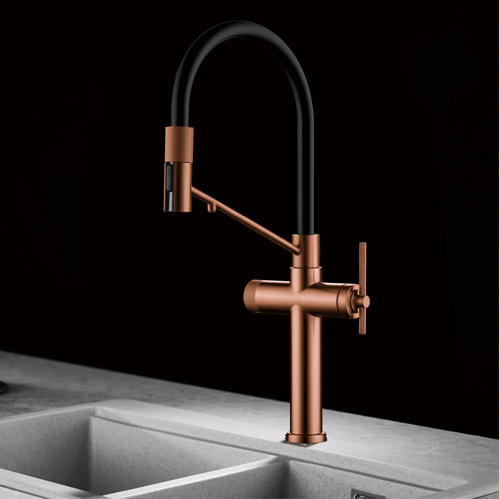 Modern Gun Grey Brass 3-in-1 single hole Kitchen faucet separate Filter Water Tap。Pull out sprayer  Hot&cold Sink mixer tap