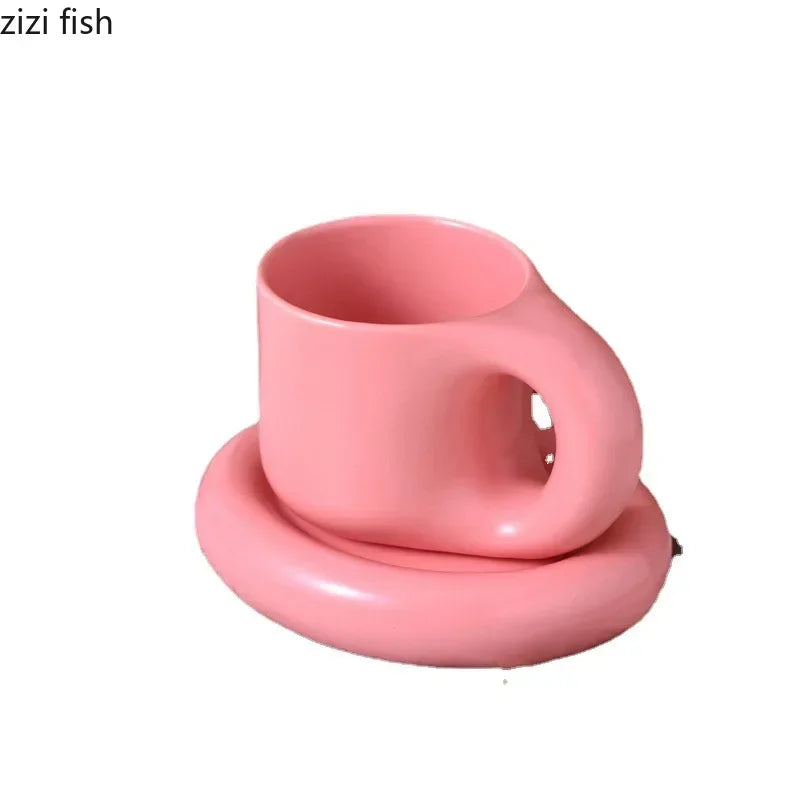 Solid Color Ceramic Mug Dish Set Creative Handle Coffee Mug Home Breakfast Cup Beverage Cup Milk Cup High Beauty Couple Cups
