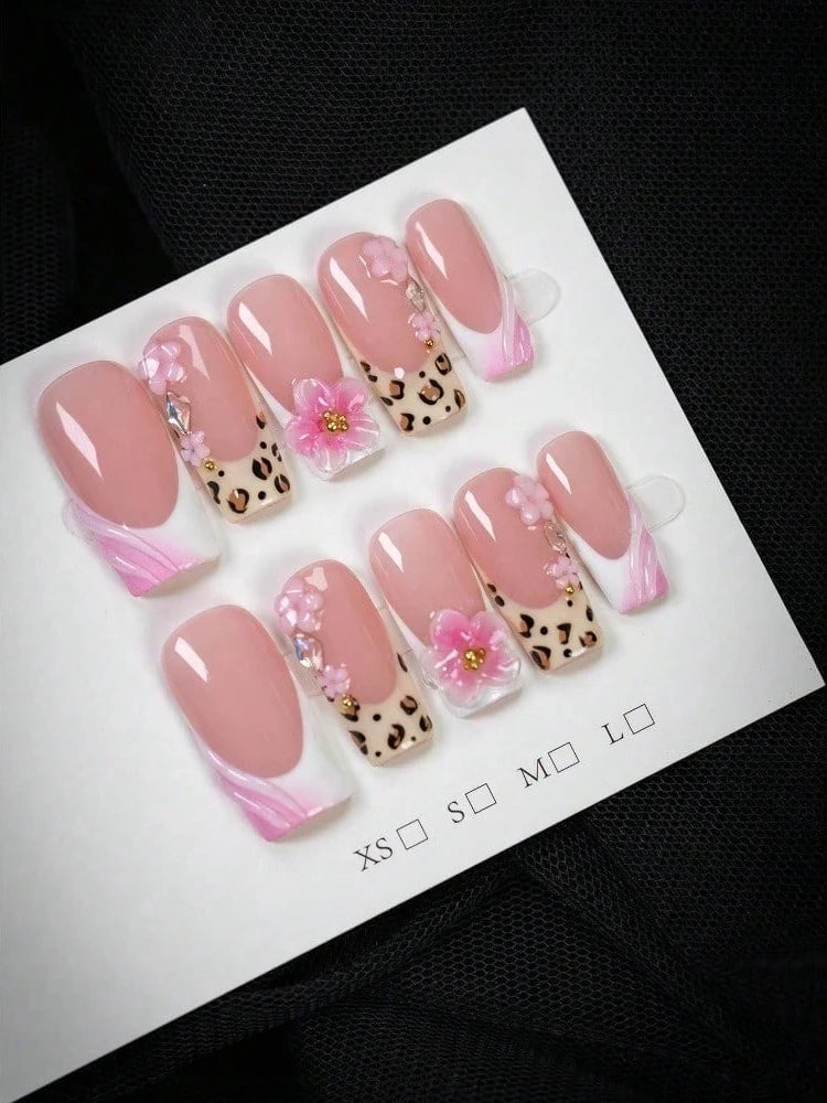 10pcs - Y2K Style Leopard Print Pink Flower Press on Nails, Pink Flower Gold Bead Square Nails - Leopard Print Design