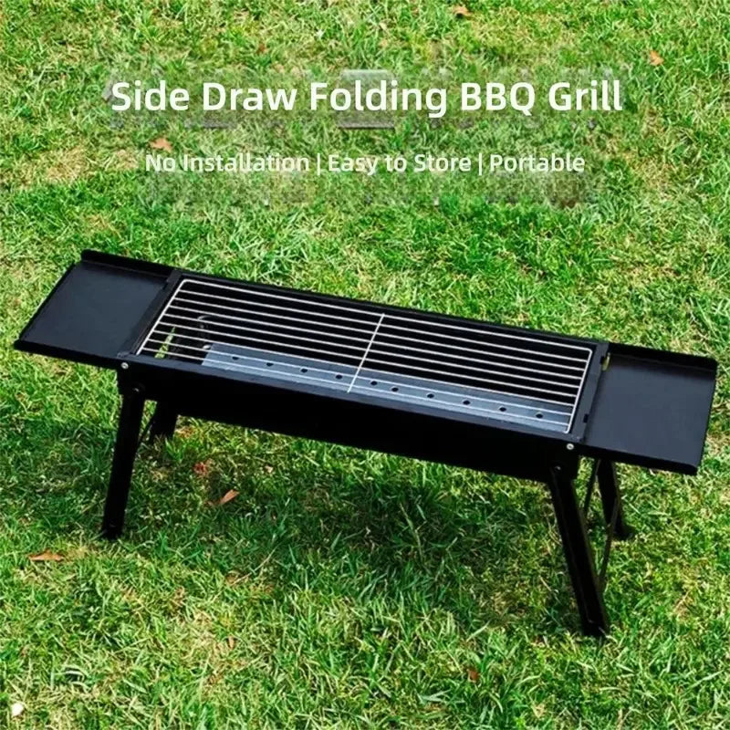 Folding Stainless Steel BBQ Charcoal Grill With 2 Side Trays Portable Camping Hiking Barbecue Accessory