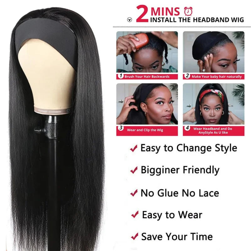 Long Straight Headband Wig 28 Inch Synthetic Headband Wigs For Women Glueless None Lace Front Wig Black Color