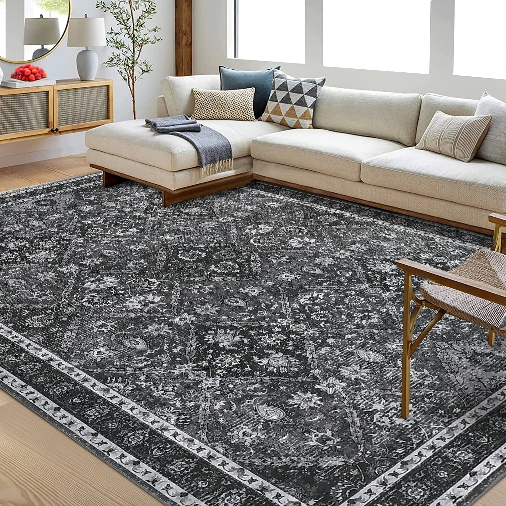 Rug for Living Room, Machine Washable, Non-Slip,Stain & Water Resistant, Low-Pile Moroccan Trellis Hallway Vintage Foldable Rug