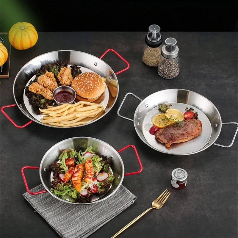 20-30cm Spanish Paella Pan with Handle Stainless Steel Durable Seafood Snack Plate Kitchen Non-Stick Frying Pans Cooking Pots