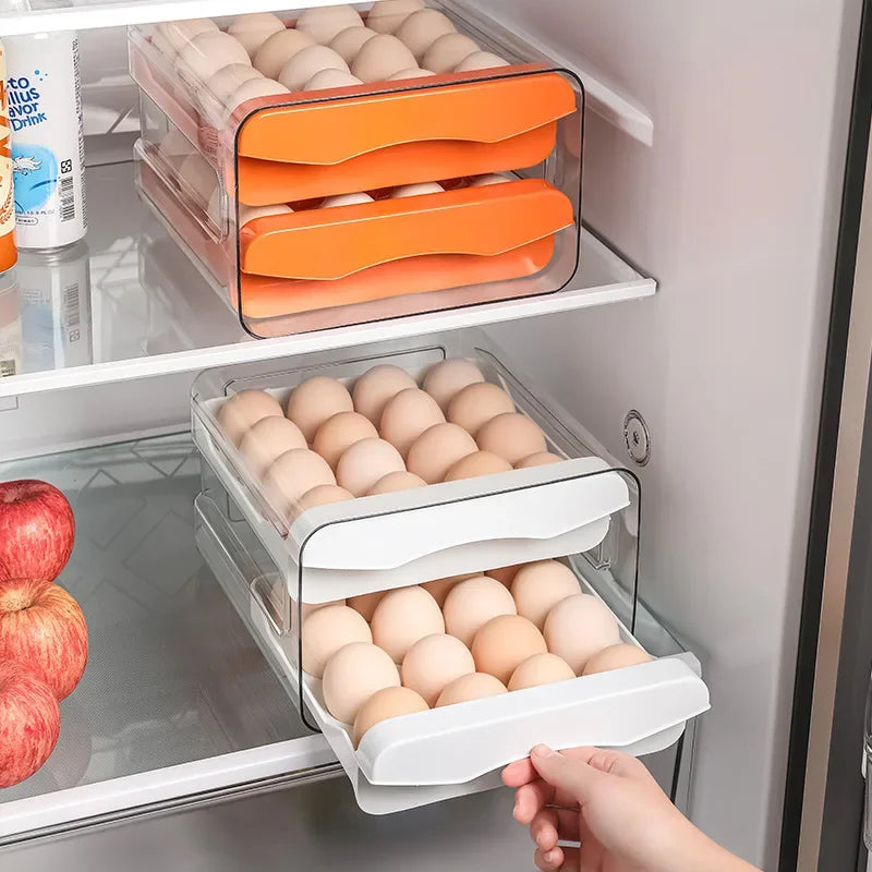 Double Layer Egg Storage Container Plastic Refrigerator Organizer with Drawer Design Kitchen Household Fresh Keeping Box