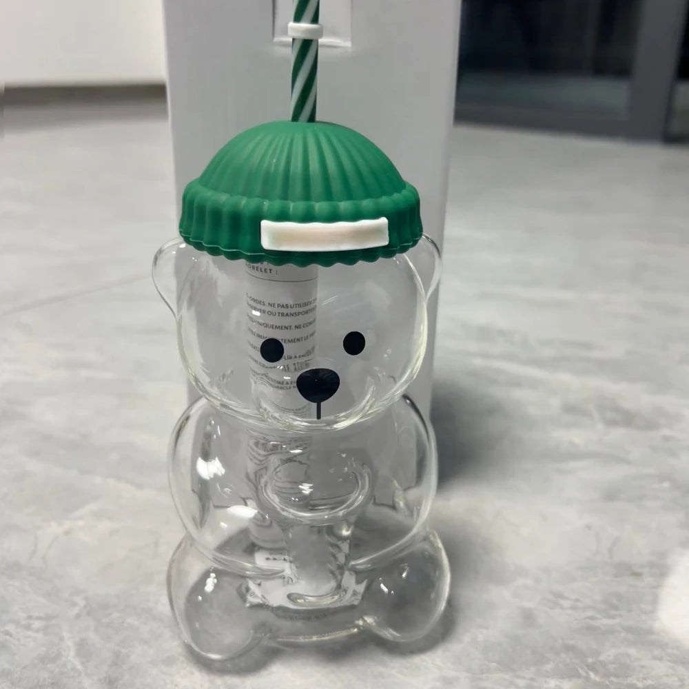 Christmas Bear Cartoon Glass Coffee Cup Star%bk Straw Lid Cold Drink Container Christmas Gift for Family and Friends