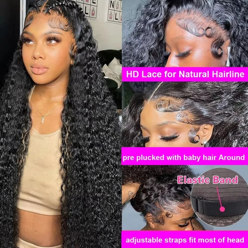 38 44 inch black hd lace frontal wig pre plucked front 13x6 13x4 kinky curly deep water wave 250 high density human hair wigs