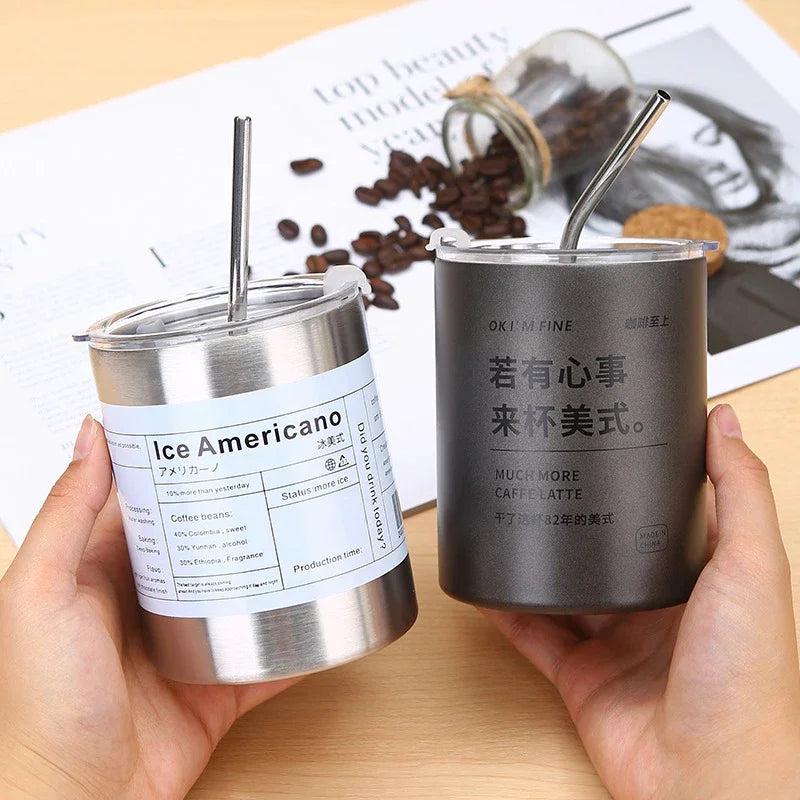 Stainless Aesthetic Cold Steel Mug With Lid Coffee Espresso Cups Pretty Drinkware, Drink Items Straw Bar  600ml