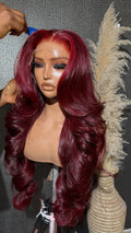 99J Red Burgundy Color Loose Wave 13X4 Lace Frontal Synthetic Wig For Women Natural Hairline Baby Hair Preplucked Bleach Knots