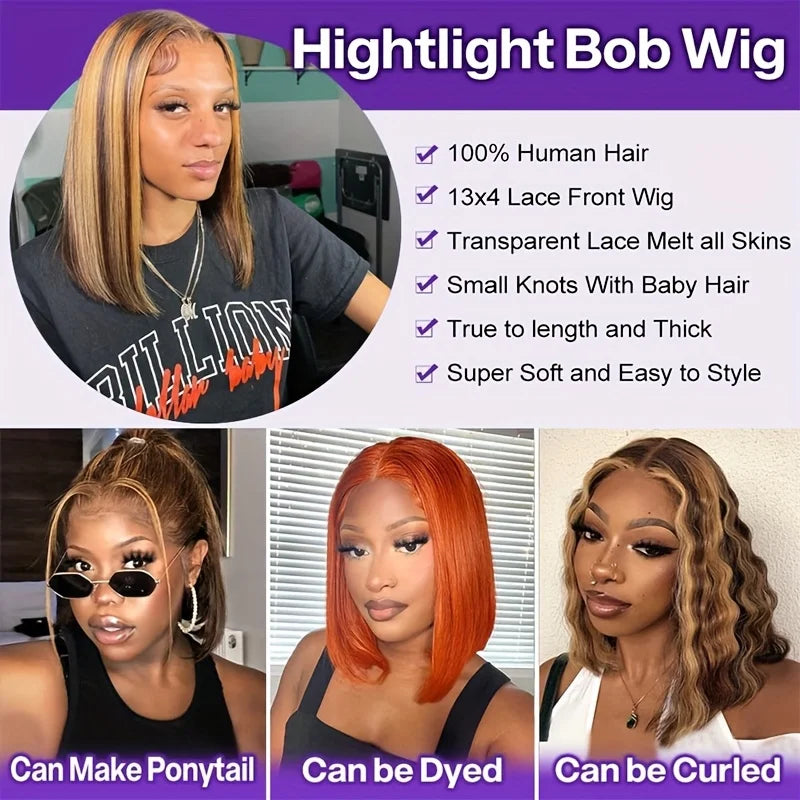 Blonde Highlight Straight Short Bob Ombre Wig 220% Density 4/27 Honey Blonde Lace Front Straight Wigs Human Hair For Women