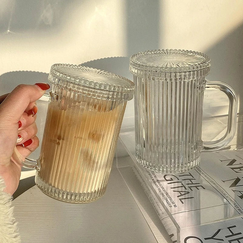 330ml/380ml Transparent Minimalist Style Milk Tea Cup with Lid and Handle Coffee Cup Household Glass Cup Special Christmas Gift
