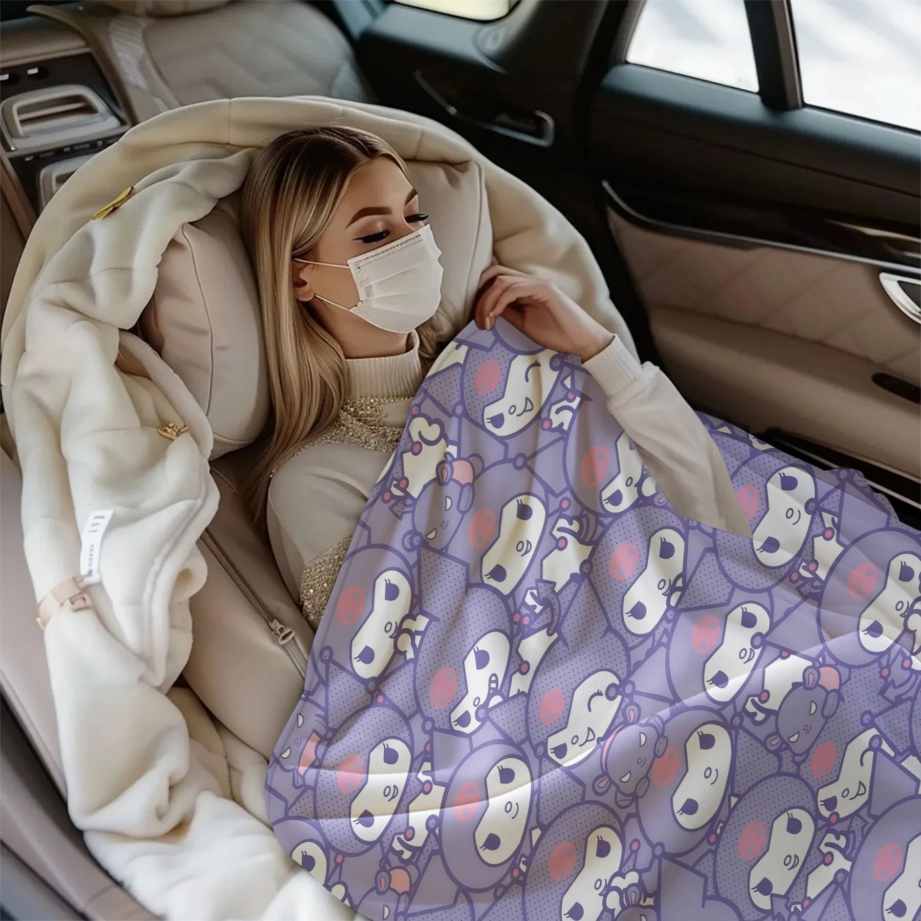 Kuromi Allover Print Flannel Blanket Lavender Purple Kawaii Pattern Soft Plush Throw for Bed Sofa Sanrio Character All Season