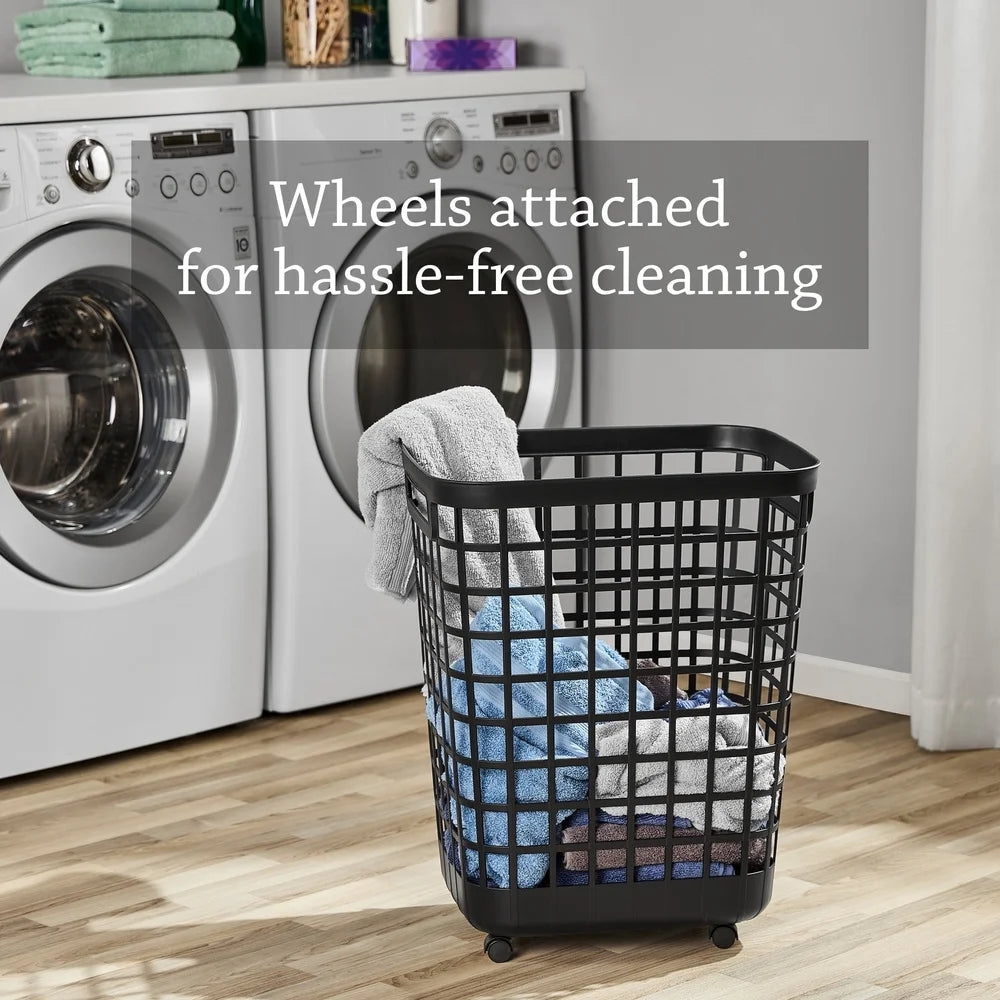 Rolling Laundry Hamper 2.6 Bushel Black Plastic Storage Bin Open Top Portable with Casters Easy Clean Durable Home Dorm Room