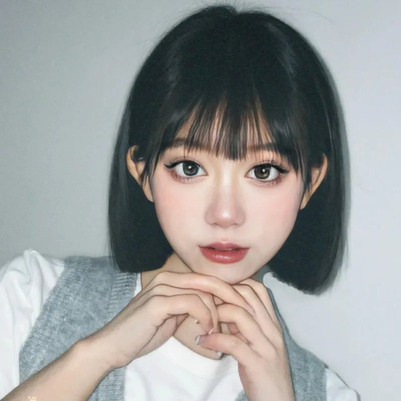 Punk style synthetic wig female short black hair air bangs high temperature silk synthetic fiber straight hair full head cover