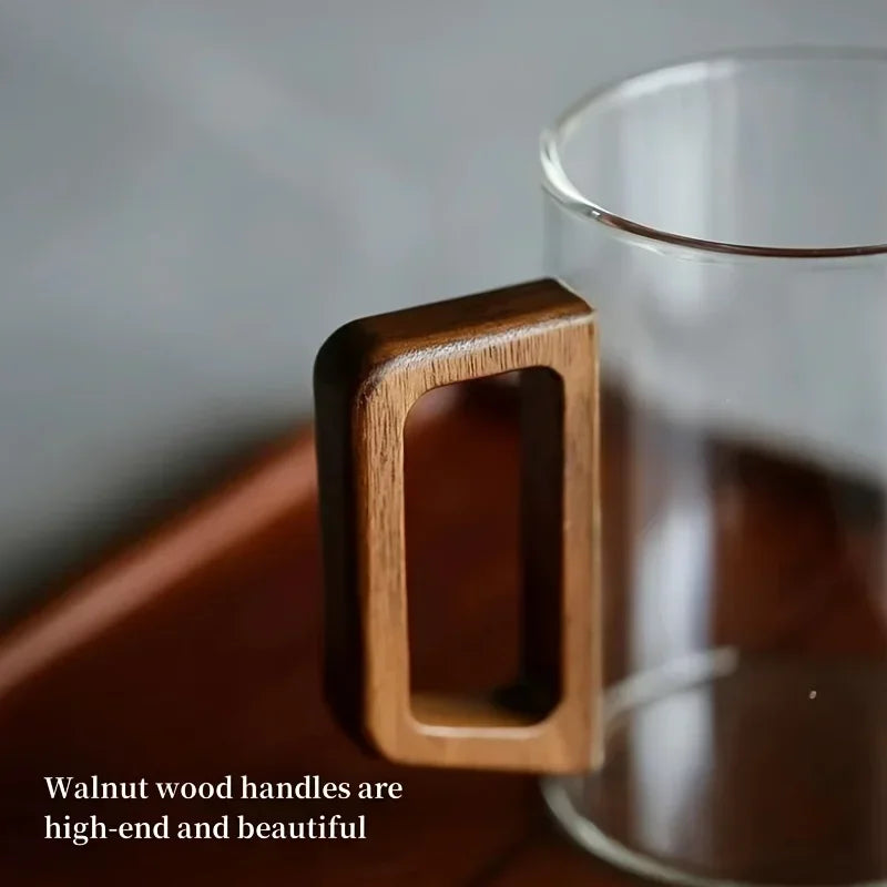 1pcs 400ml/500ml Walnut Wood Handle Glass Cup for Home and Office Use, Drinking Cup, High Temperature Resistant, Guest Water Cup