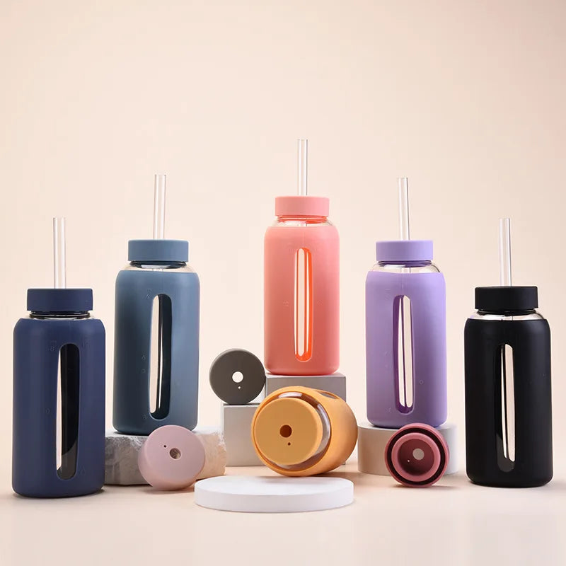 800ml Large Capacity Single-layer Glass Cup with Silicone Sleeve,Time Scale And Straw,Portable Drinkware,Outdoor Water Bottle