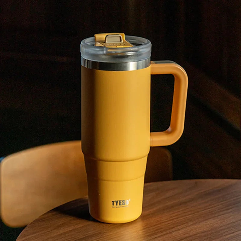 Tyeso 900/1200ML Tumbler Bottle Stainless Steel Car Mug With Handle Straw Thermal Iced Travel Vacuum Insulated Coffee Hot Cup
