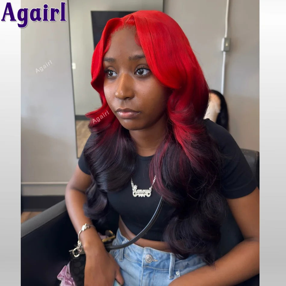 Ombre Red Roots Colored 13x6 HD Lace Frontal Wigs Body Wave Human Hair Wigs 220% Density 6X4 Pre Plucked Glueless Wigs for Women