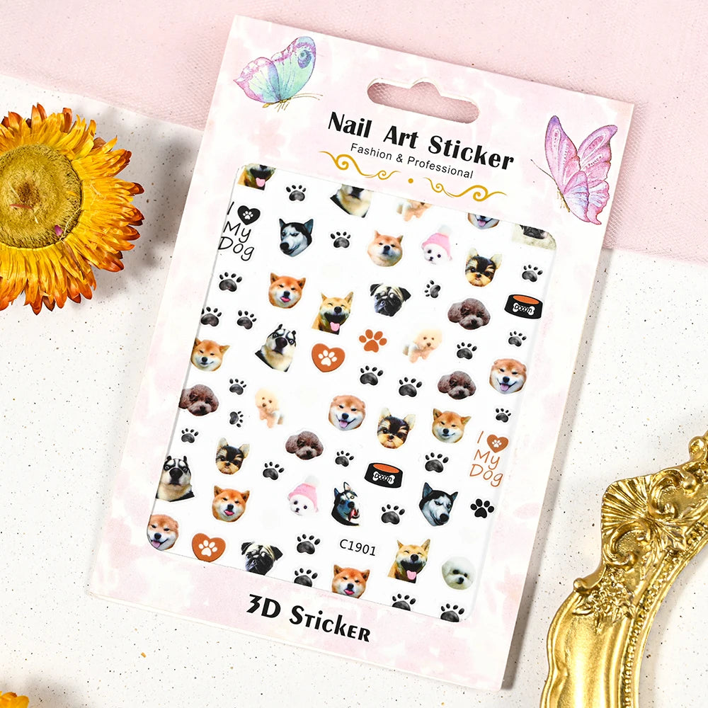 1pc 5D Cute Jelly Pink Cat Paw Print Nail Sticker Lovely Kitty Puppy Dog Cartoon Embossed Relief Nail Art Sticker Manicure Decal