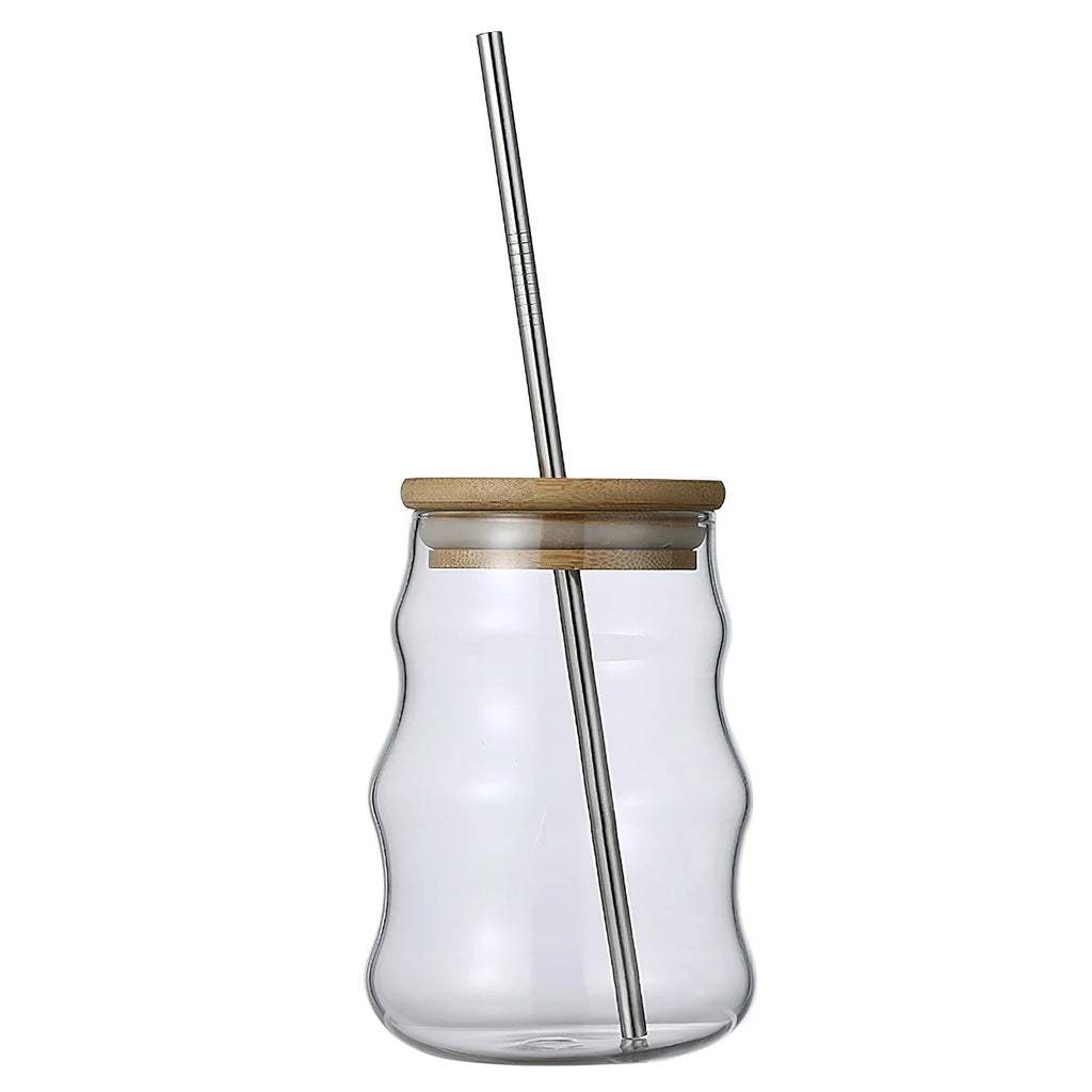 500ml Glass Tumblers Cups With Straw Mason Jar Clear Juice Coffee Milk Cup With Bamboo Lids Drinkware Stripe Beer Mug