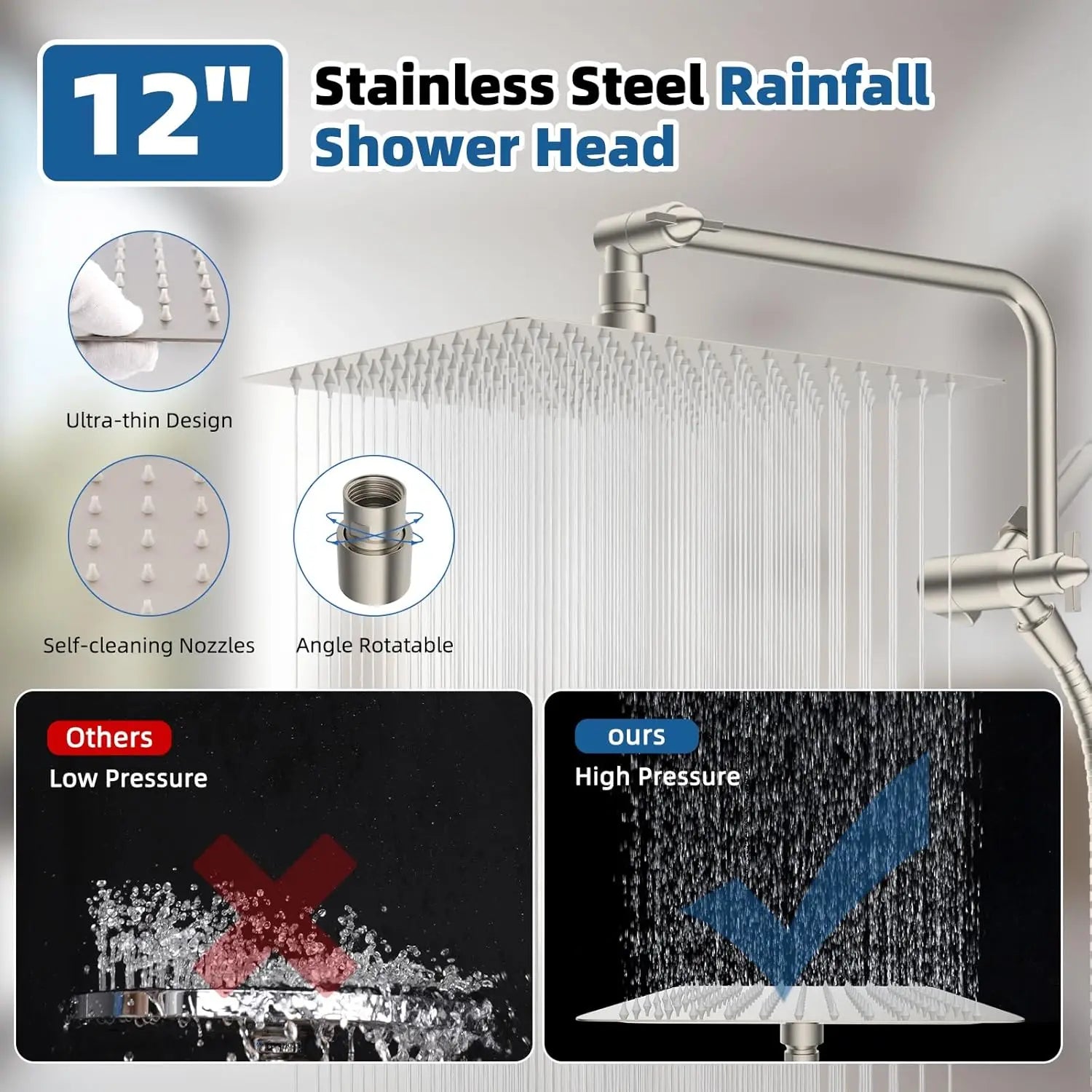 12" All Metal High Pressure Shower Head Combo with 10-Spray Settings, Rainfall Head, Adjustable Arm & Hose