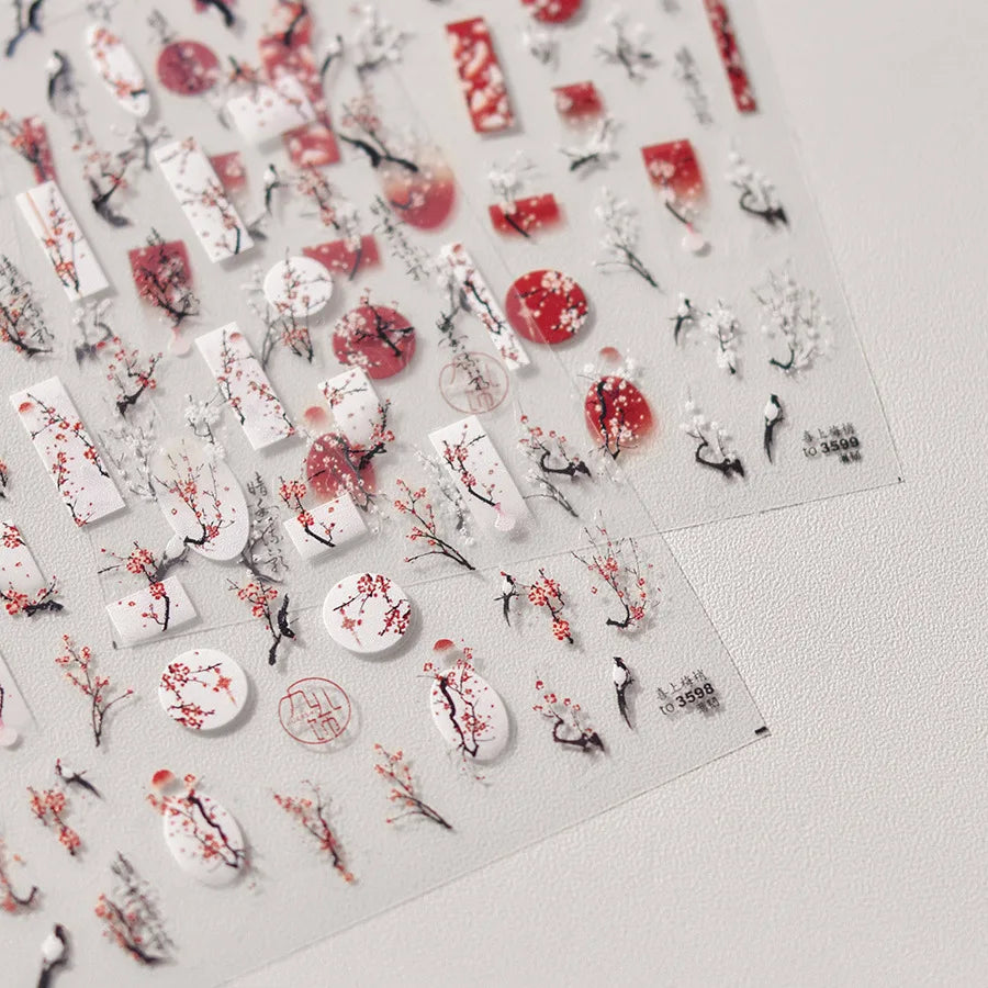 2pcs 5D Kawaii Plum Blossom Nail Stickers Fashion Chinese Flower Nail Art Decoration Self-Adhesive Decals DIY Slider Accessories