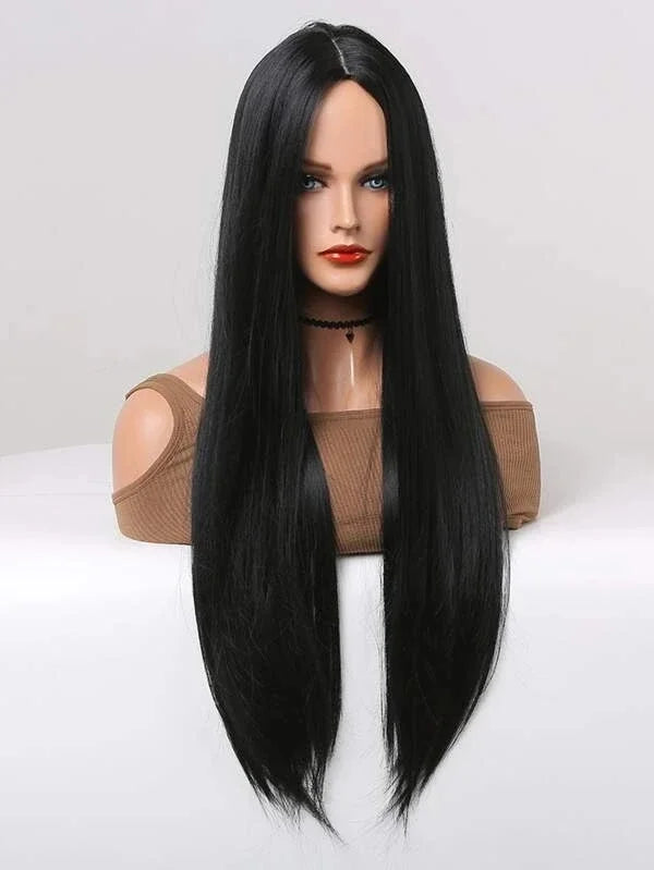 Black Long Straight Synthetic Wig for Women Middle Part Hairline Natural Looking Daily Party Wear Full Wig 26 Inches Daily Party