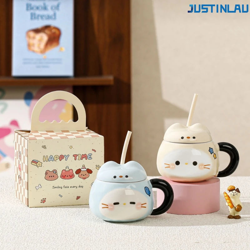Set of Sesame-shaped Ceramic Cup Cat Grass Straw Cup with Lid and Straw Coffee Cup Breakfast Milk Cup Instagram-style Coffee Cup