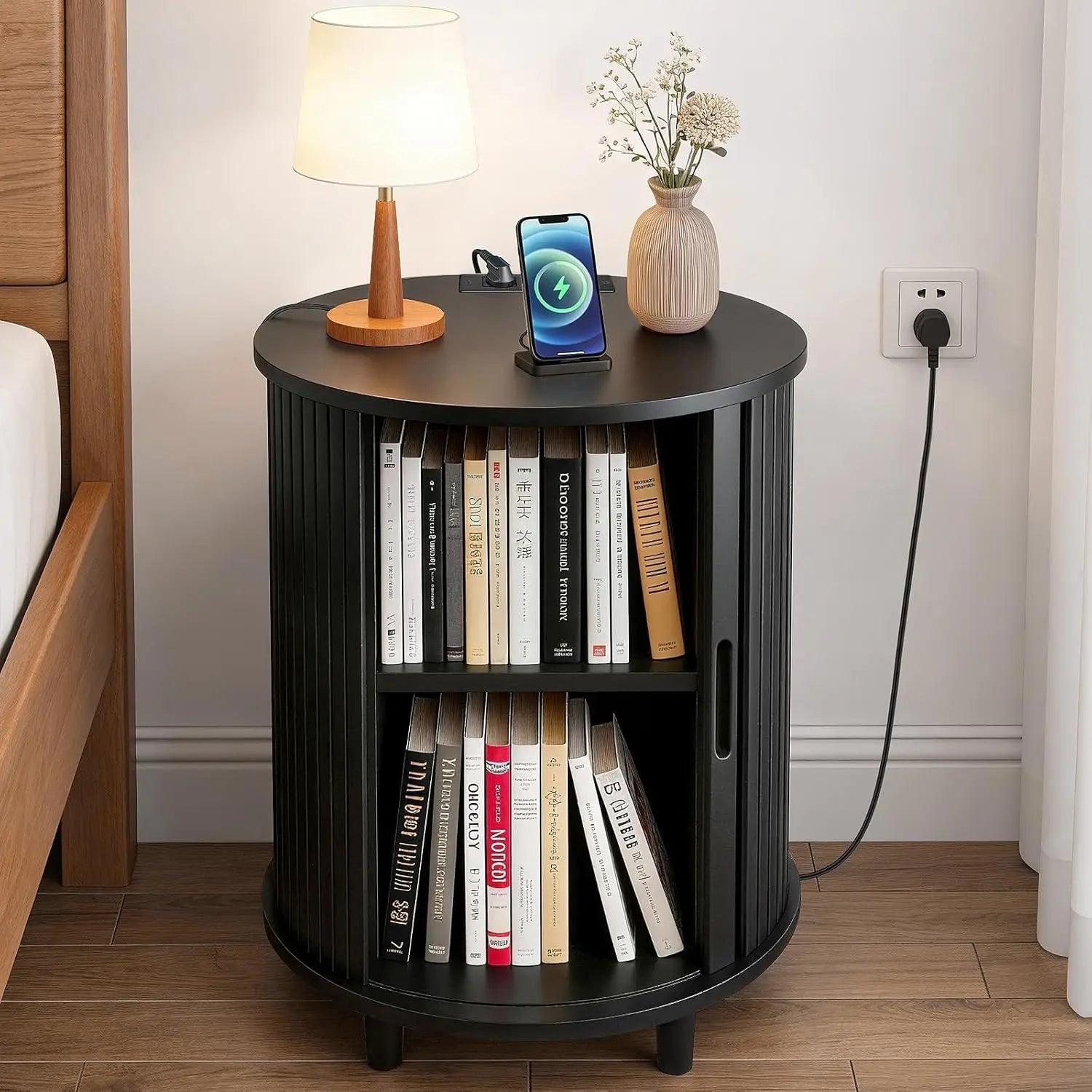 Round End Table Storage Charging Station Fluted Nightstand Small Spaces, Customized