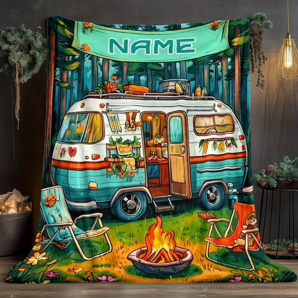 Personalized Vintage Camper Van Blanket Custom Name Cozy Flannel All-Season Bedspread Suitable for Sofa, Bed, Camping & Travel