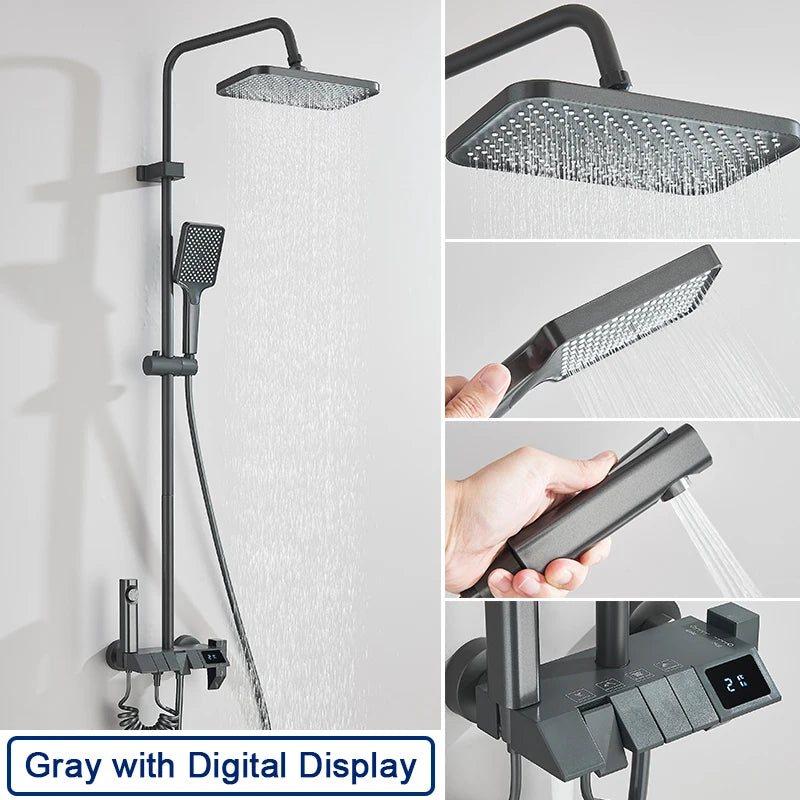 Rozin Black Smart Digital Display Shower Faucet Set Piano Style Rainlfall Bathroom System Grey Digital Mixer Tap Bidet Shower
