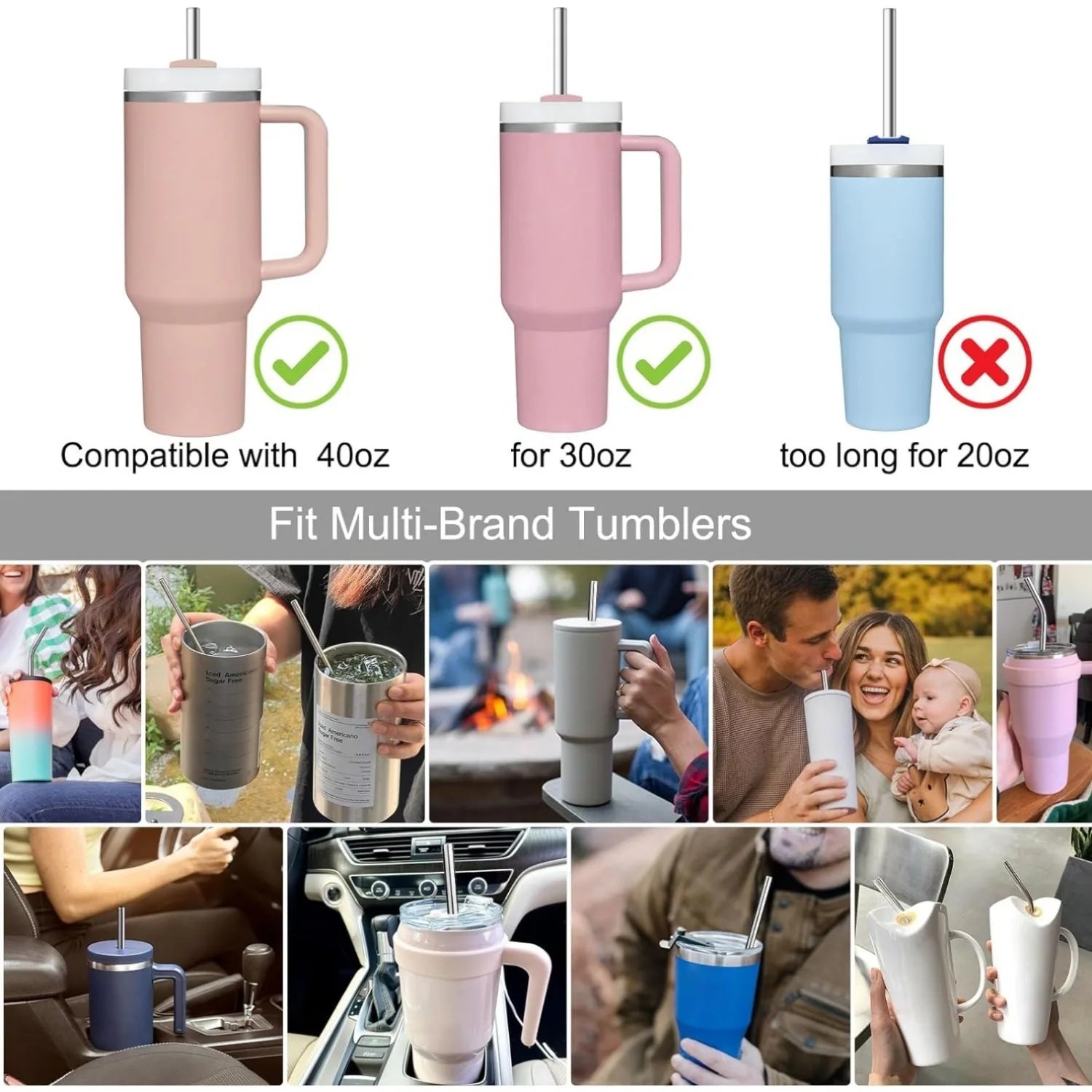 Stainless Steel Straw Replacement 40 oz for Stanley Adventure Travel Tumbler, Reusable Straws with Cleaning Brush