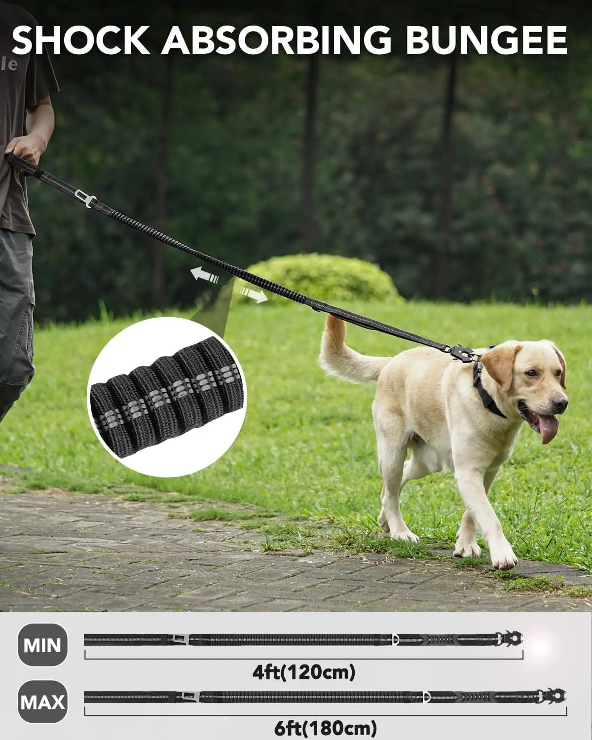 Heavy Duty Dog Leash with Elastic Bungee for Medium & Large Dogs - Shock Absorption & Safety Clip Included