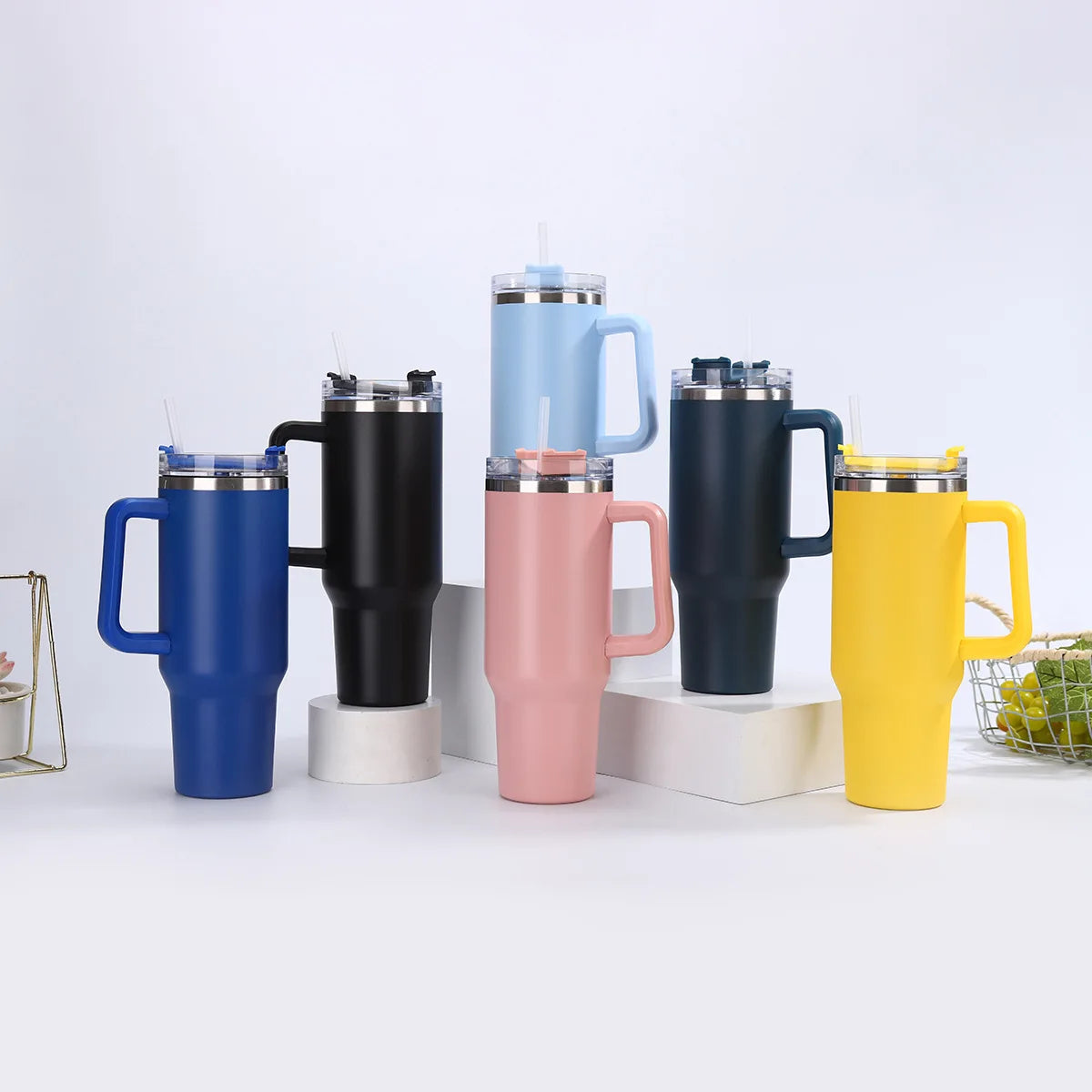 304 Stainless Steel Insulated Cup with Straw 1.2L Colorful Thermal Cup Handle Tumbler Sports Winter Water Drinking Bottle