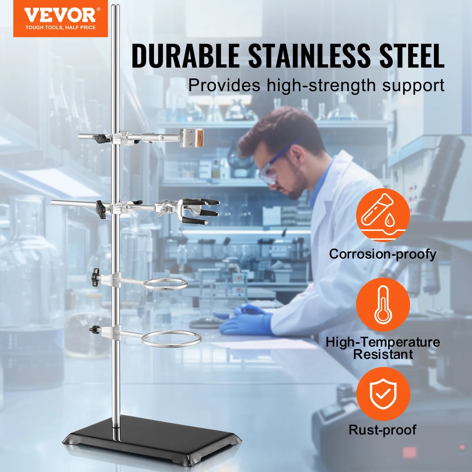 SucceBuy Lab Stand Support Laboratory Retort 2 Sets Steel Lab Stand 23.6" Rod Includes Flask Clamps Burette Clamps&Cross Clamps