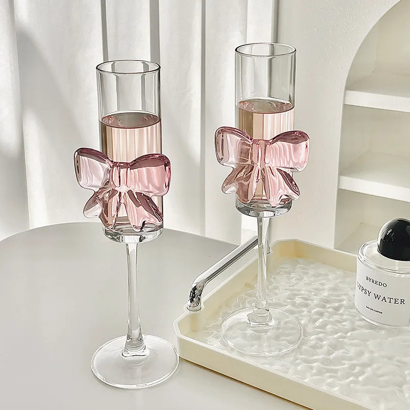 Pink Bow Glass Mug Decor Glass Cup Goblet Bow Handle Glasses Wine Cocktail Glass Dessert Ice Cream Bowl Drinking Glass