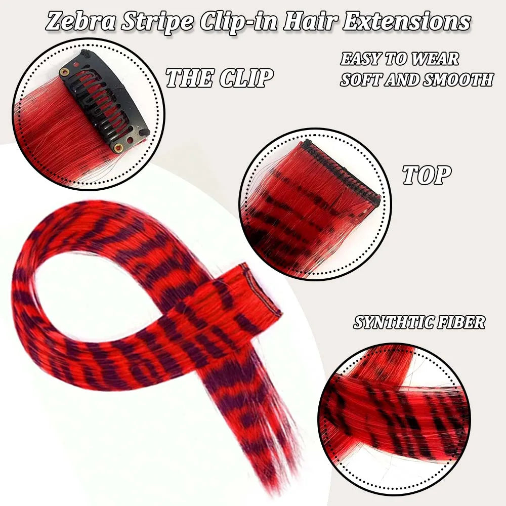 8Pcs 18" Colored Hair Extensions Animal Stripe Print Hair Clip-on Synthetic Feather Hair for Cosplay, Party, Festivals, Y2K