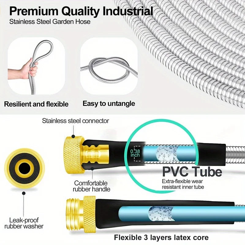 50FT Stainless Steel Garden Hose with Sprayer Nozzle Heavy Duty Kink Free Anti-Rust 5/8" Diameter Garden Hose Plants Cars Pets