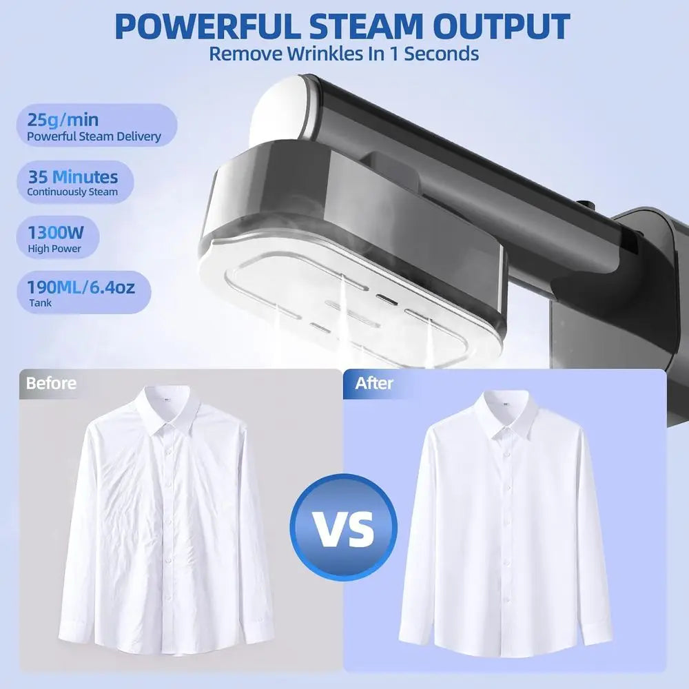 Portable 1300W Steamer and Iron, 15s Heat Up, LED Touch Display, 6 Modes, 35 Mins Runtime, 190ml Tank for Travel and Home Use