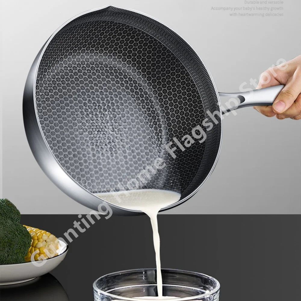 410 Stainless Steel Honeycomb Frying Pan Steak Cooking Non-Stick Pan Flat Bottom Wok Induction Cooker Universal Kitchen Cookware